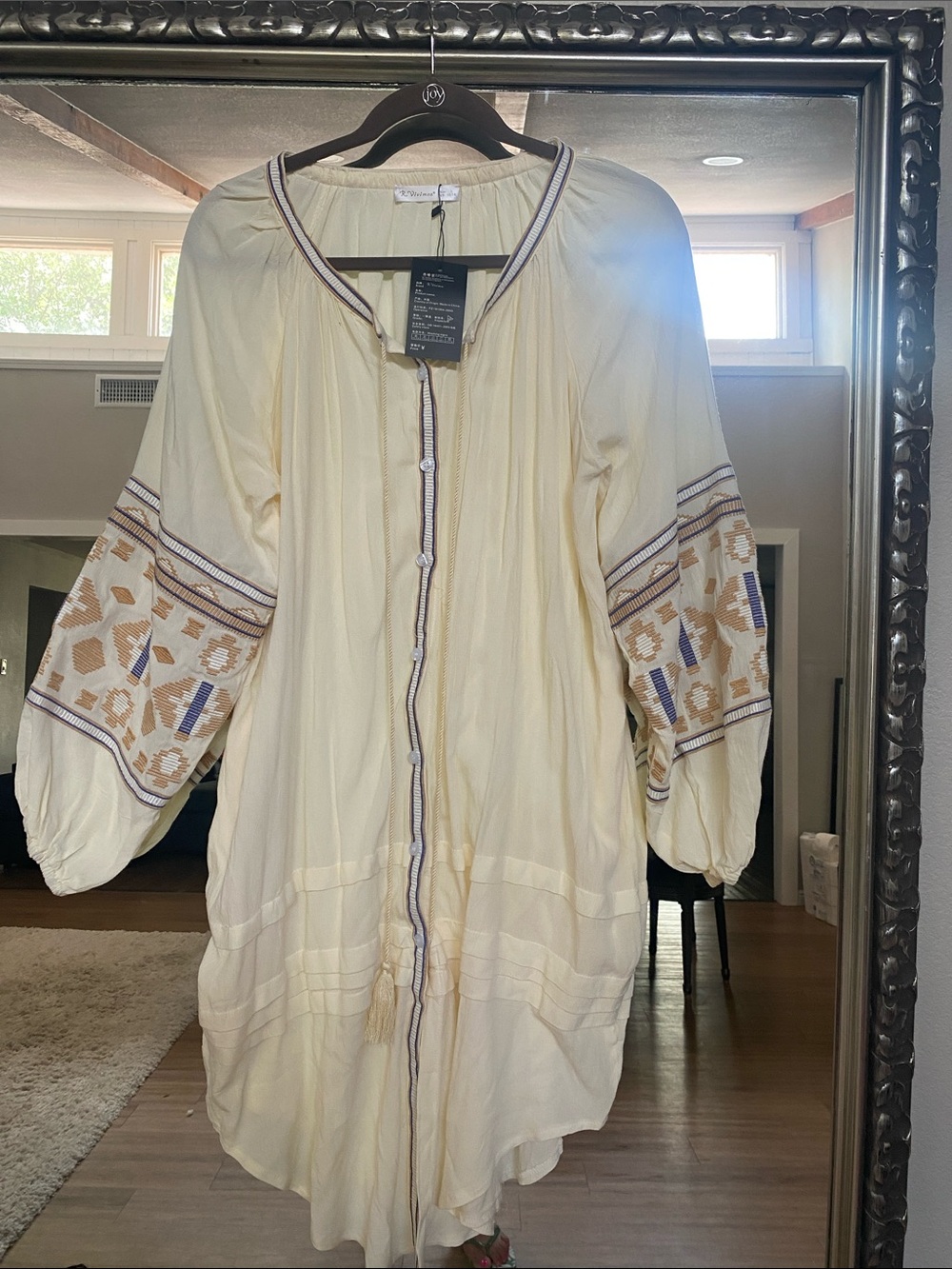 Embroidered Cream Long-Sleeve Boho Maxi Dress